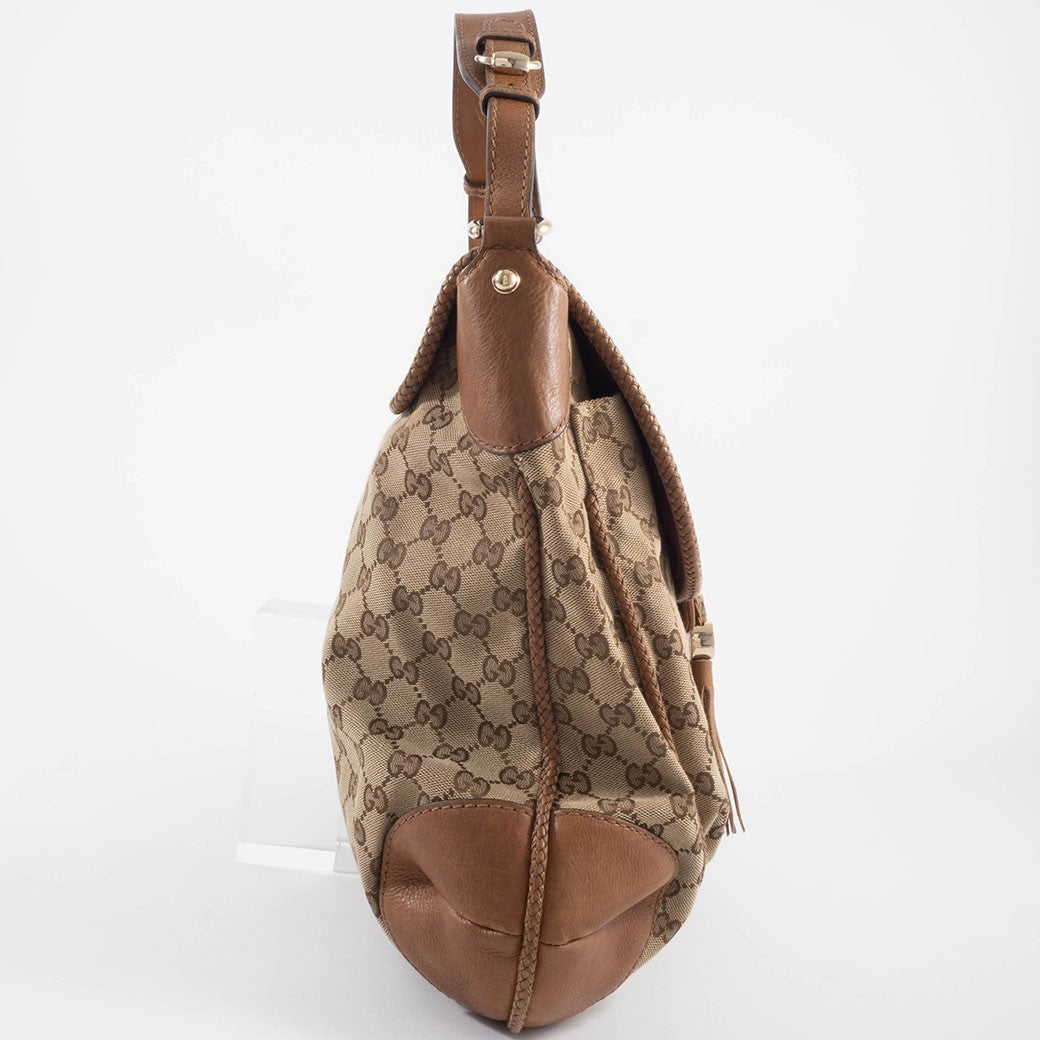 GUCCI Marrakech Hobo Bag GG Canvas Leather Tassel Beige Brown 257021 Preowned2