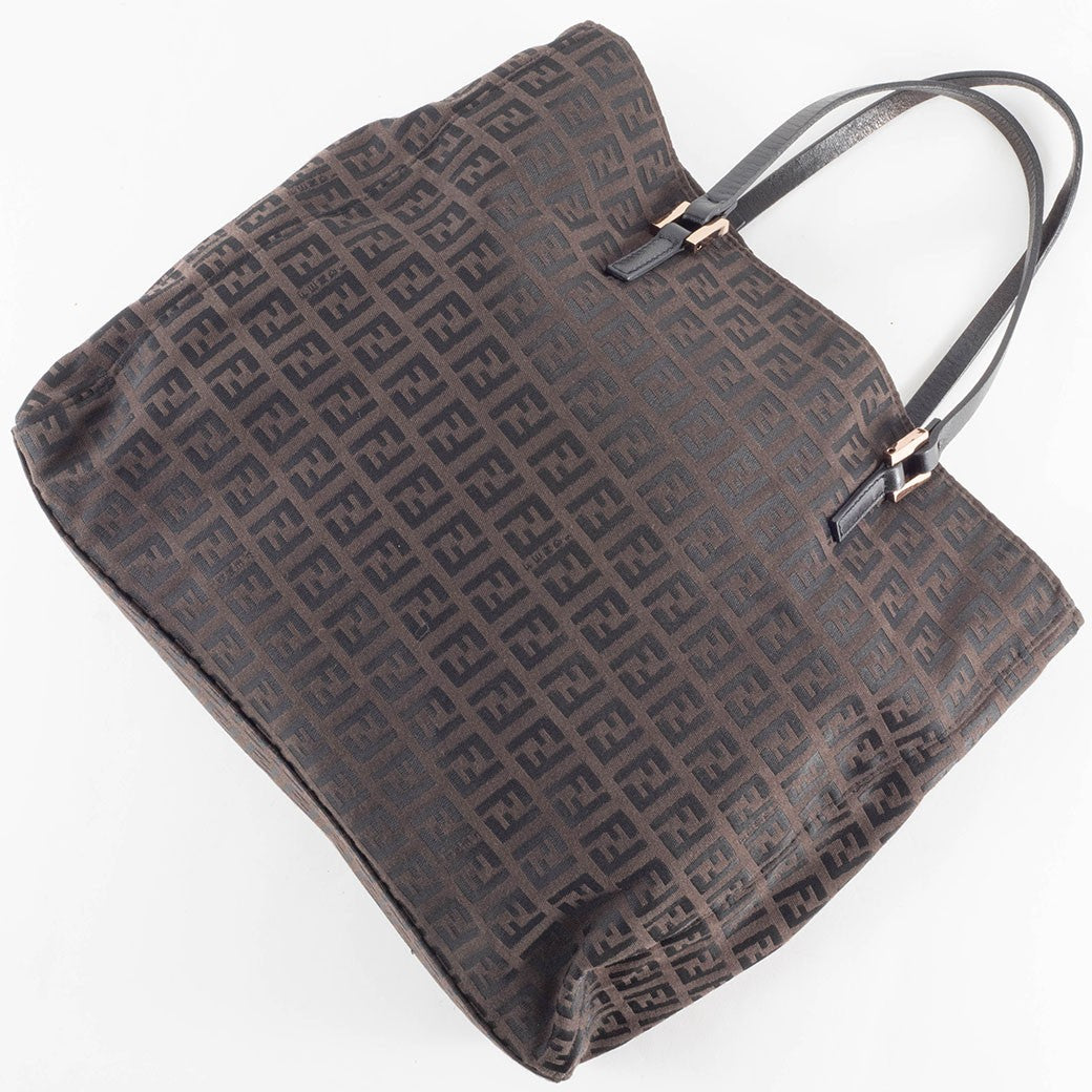 FENDI Zucchino Brown Canvas Leather Handbag Zucca Monogram Tote Bag Preowned7