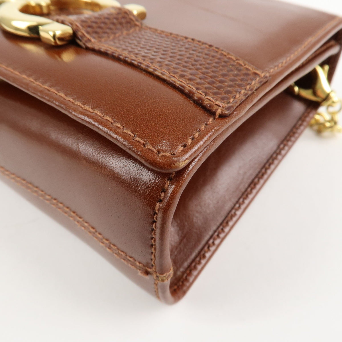 Ferragamo Gancini Leather Chain Shoulder Bag Brown Gold HDW Authentic Used F/S10