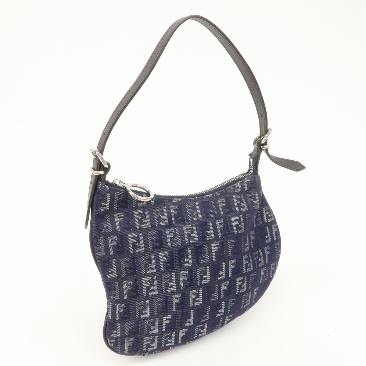 FENDI Zucchino Navy Blue Canvas Leather Hobo Shoulder Bag Slim Preowned Auth3