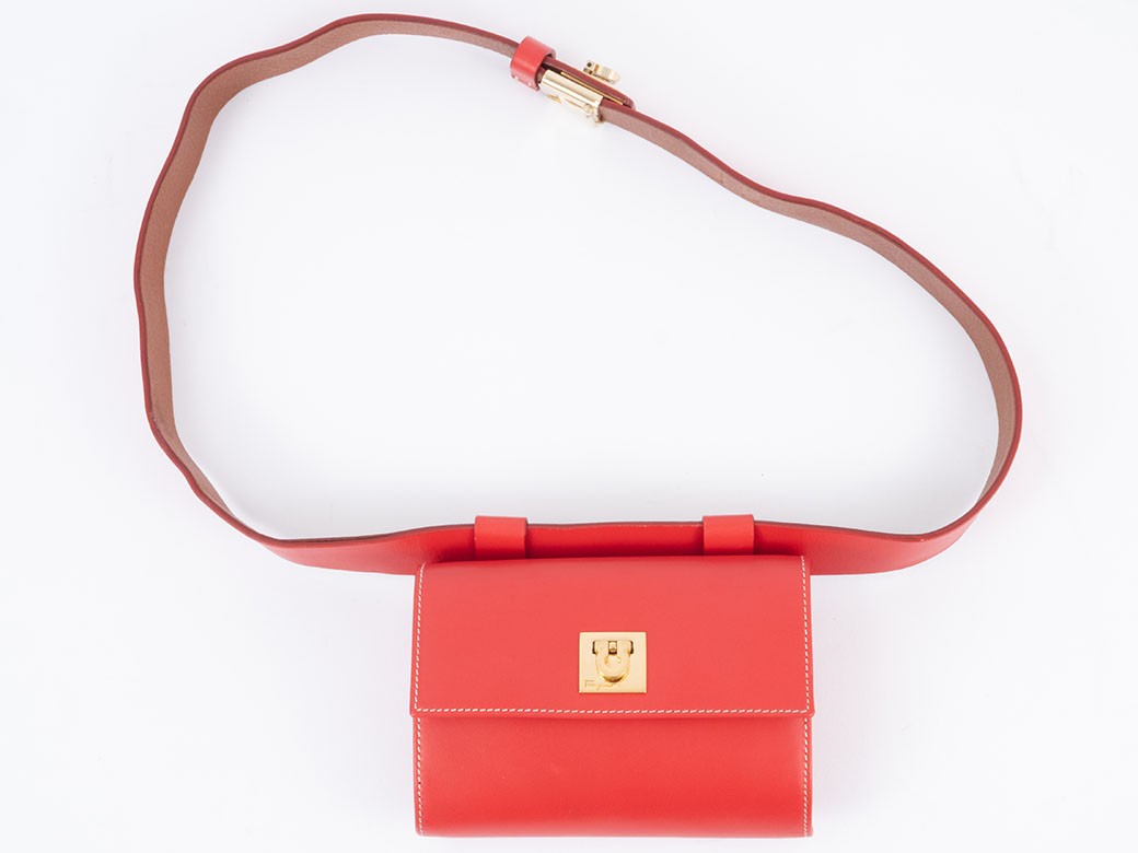Auth Salvatore Ferragamo Bag Gancini Body Bag Red Leather Reuse Used Preowned11