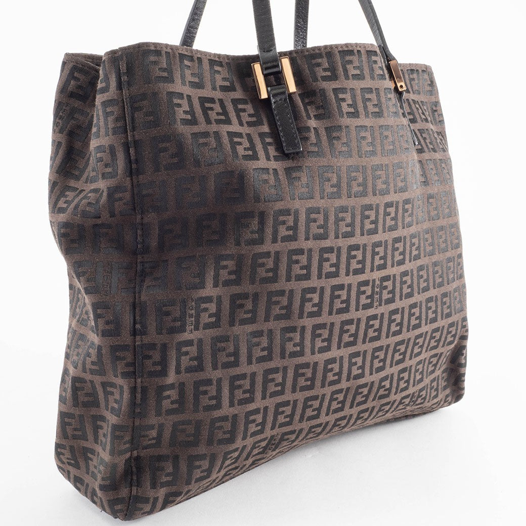 FENDI Zucchino Brown Canvas Leather Handbag Zucca Monogram Tote Bag Preowned2