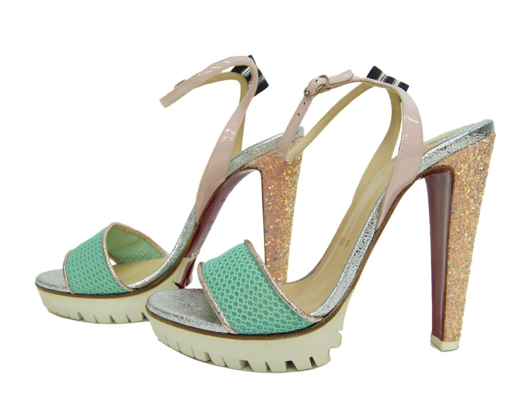 Christian Louboutin Platform Sandals Silver Green Women's 37.5 Reuse Used Preow1