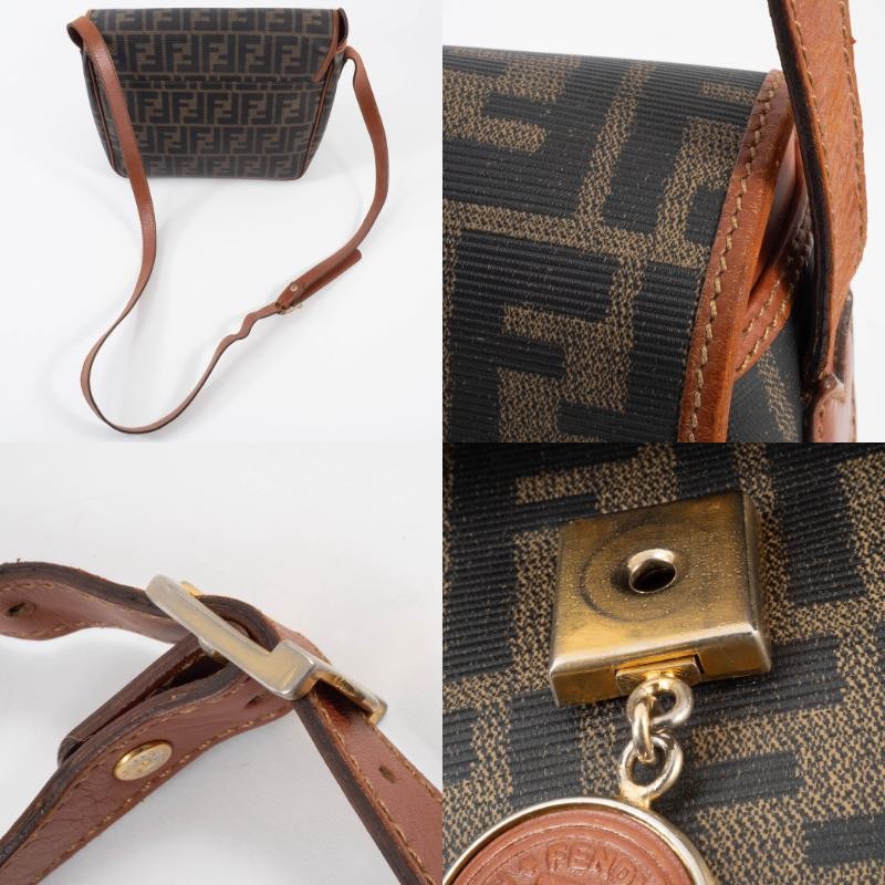 FENDI Zucca PVC Leather Crossbody Shoulder Bag FF Logo Flap Brown Preowned Auth13