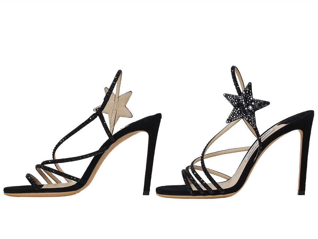 Auth Jimmy Choo Lynn100 Sandals Black Women's 38 Suede Jewel Stone Star Reuse3