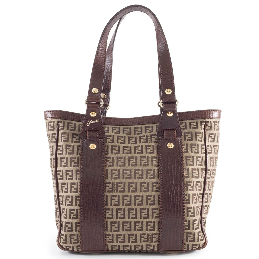 FENDI Zucchino Beige Canvas Leather Shoulder Tote Bag 8BH161 Preowned Auth0