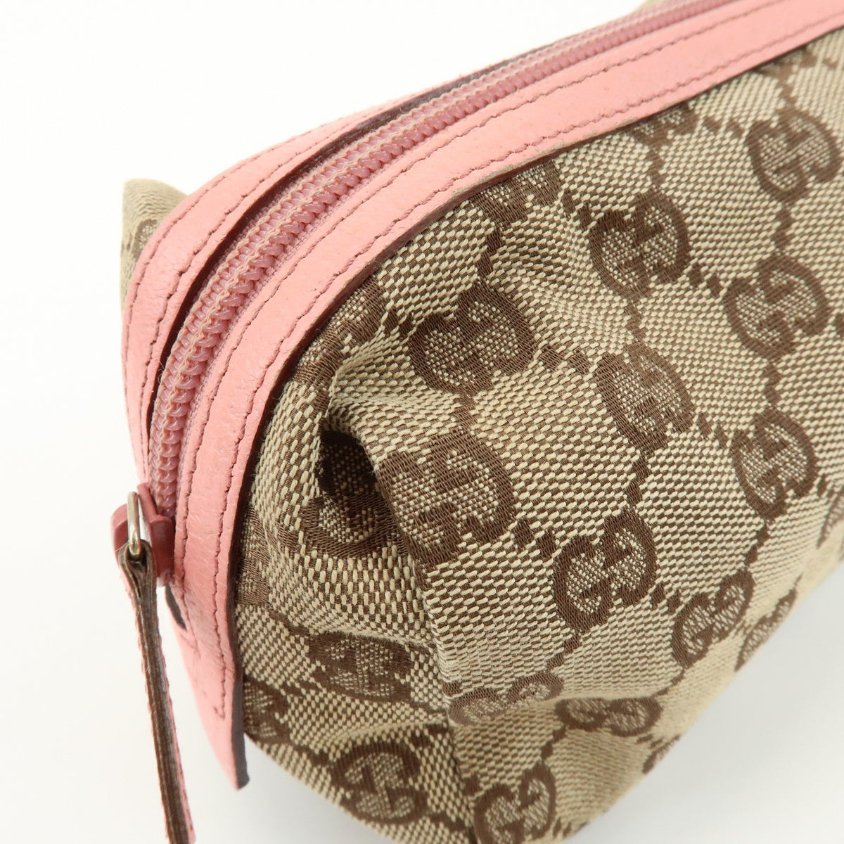 GUCCI GG Monogram Canvas Leather Cosmetic Pouch Beige Pink 29595 Preowned Auth10