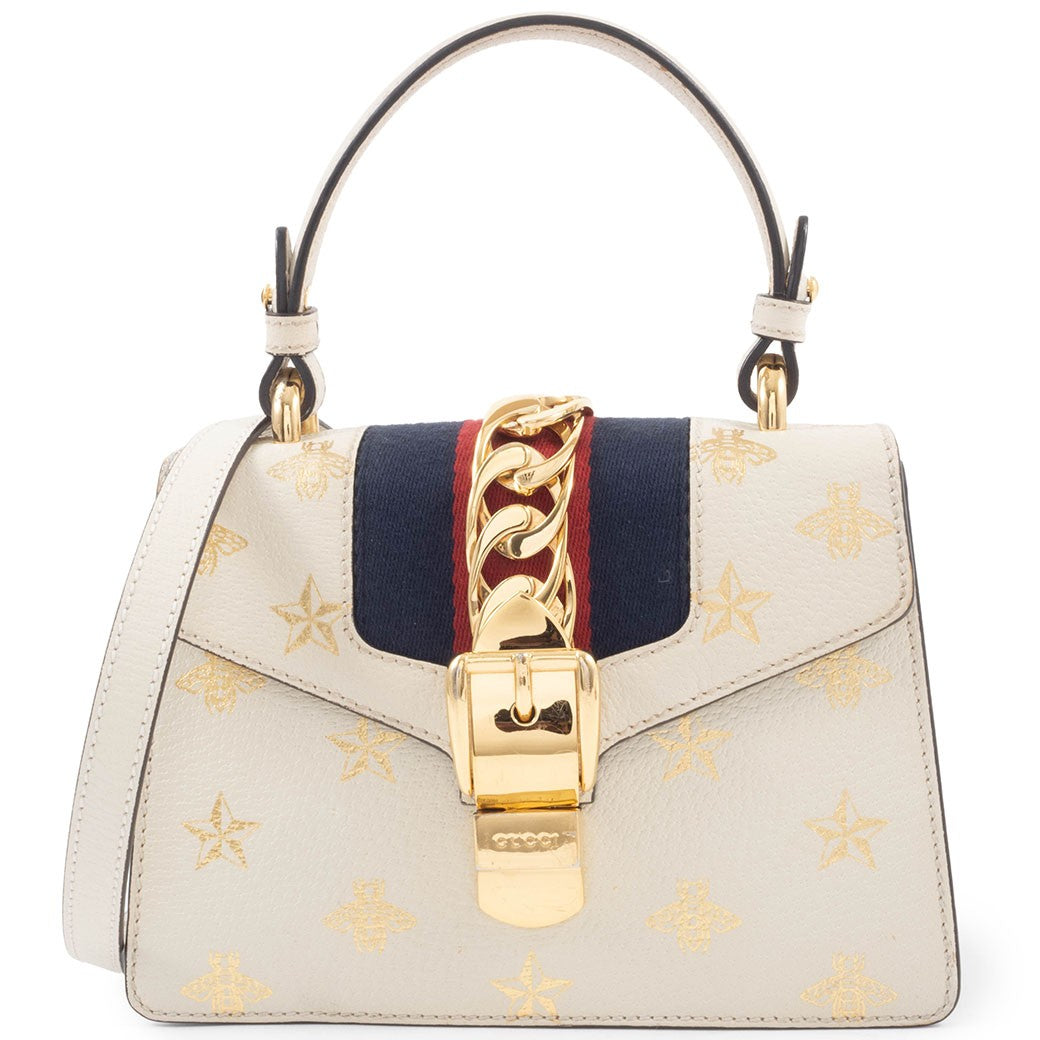 GUCCI Bee Star Mini Sylvie Convertible Handbag White Crossbody 470270 Preowned0