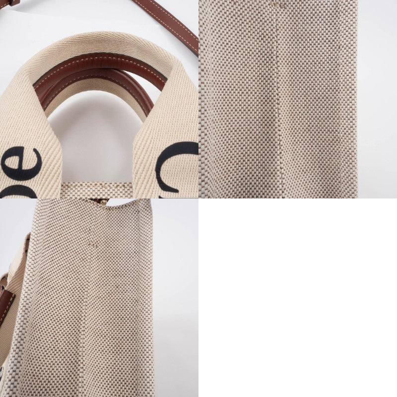 Chloe Woody Small Convertible Handbag Crossbody Bag Linen Brown White Preowned22