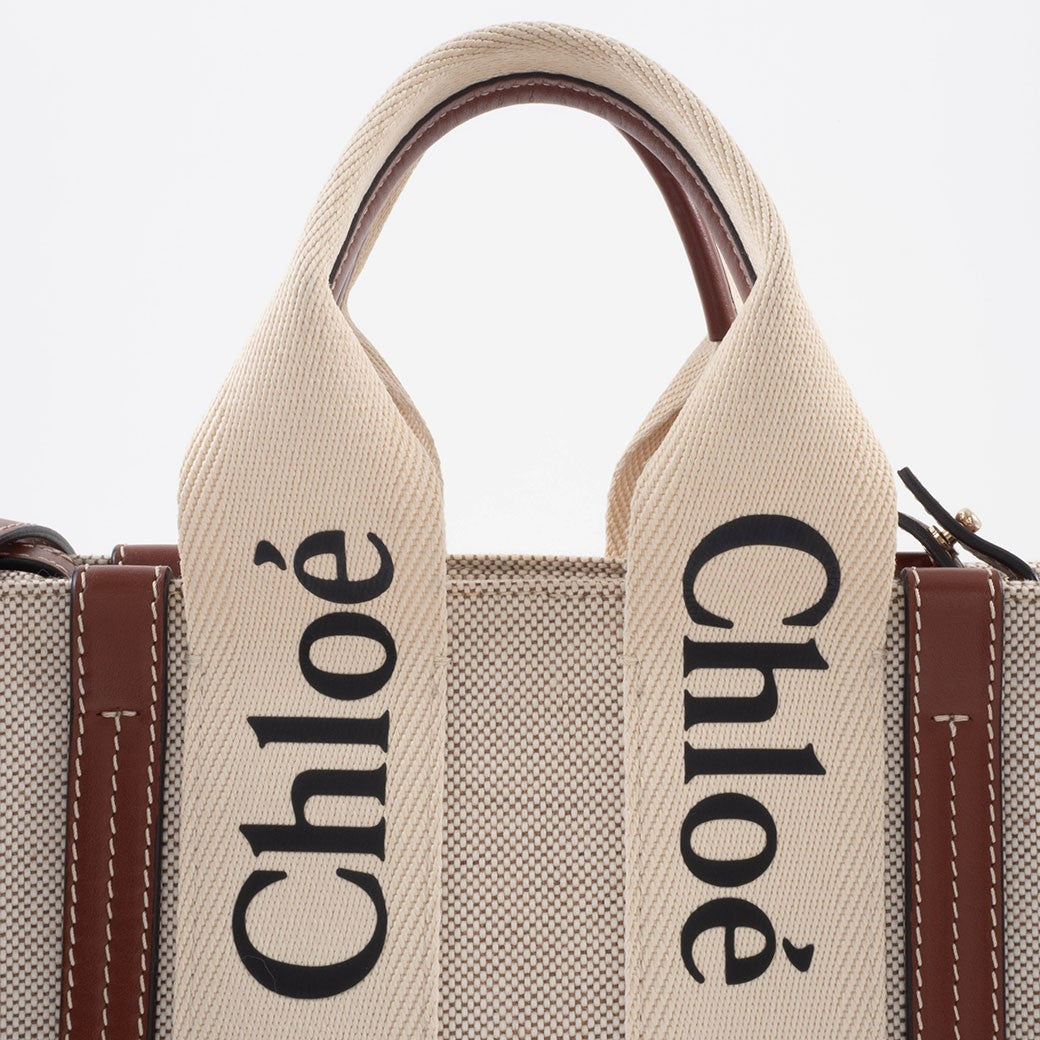 Chloe Woody Small Convertible Handbag Crossbody Bag Linen Brown White Preowned12