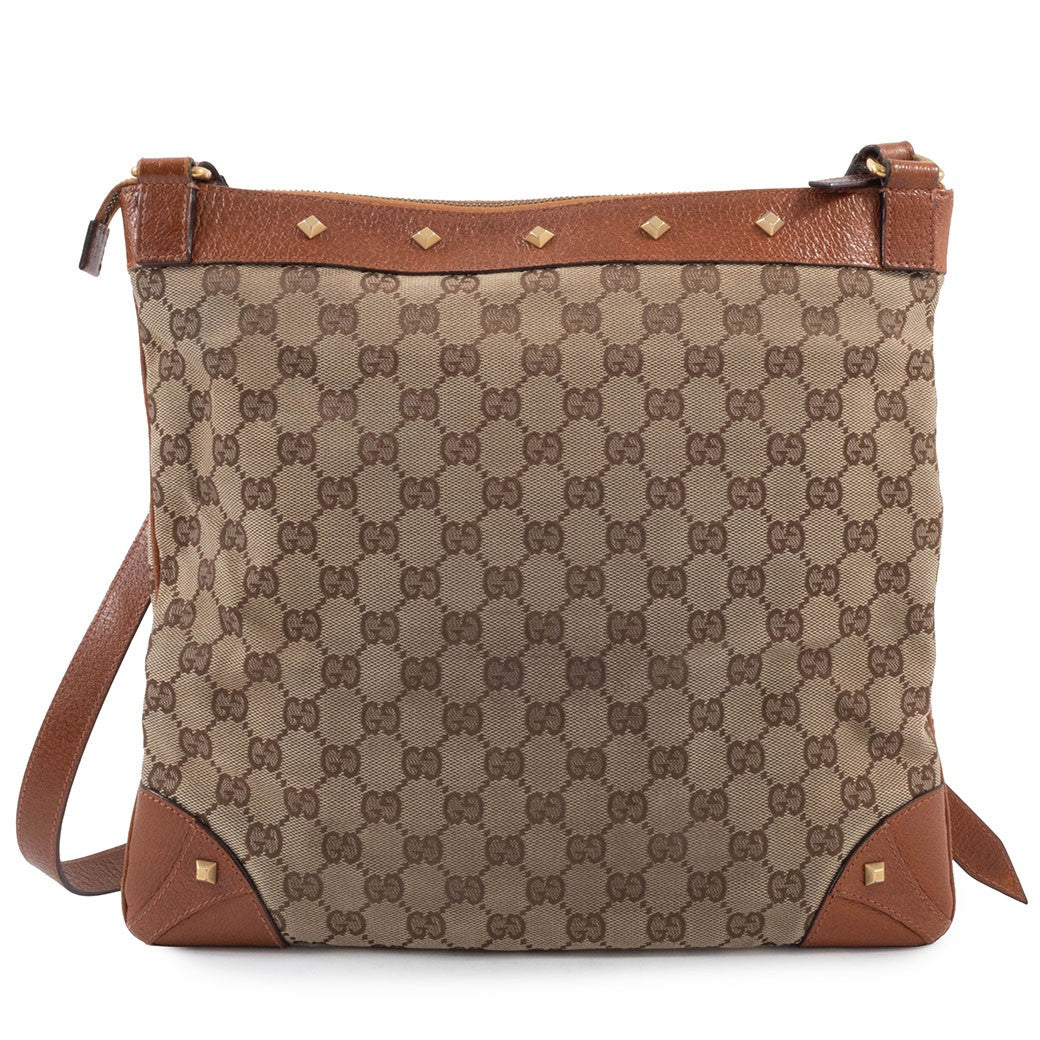 GUCCI GG Canvas Studded Beige Brown Crossbody Shoulder Bag 120894 Preowned Auth1