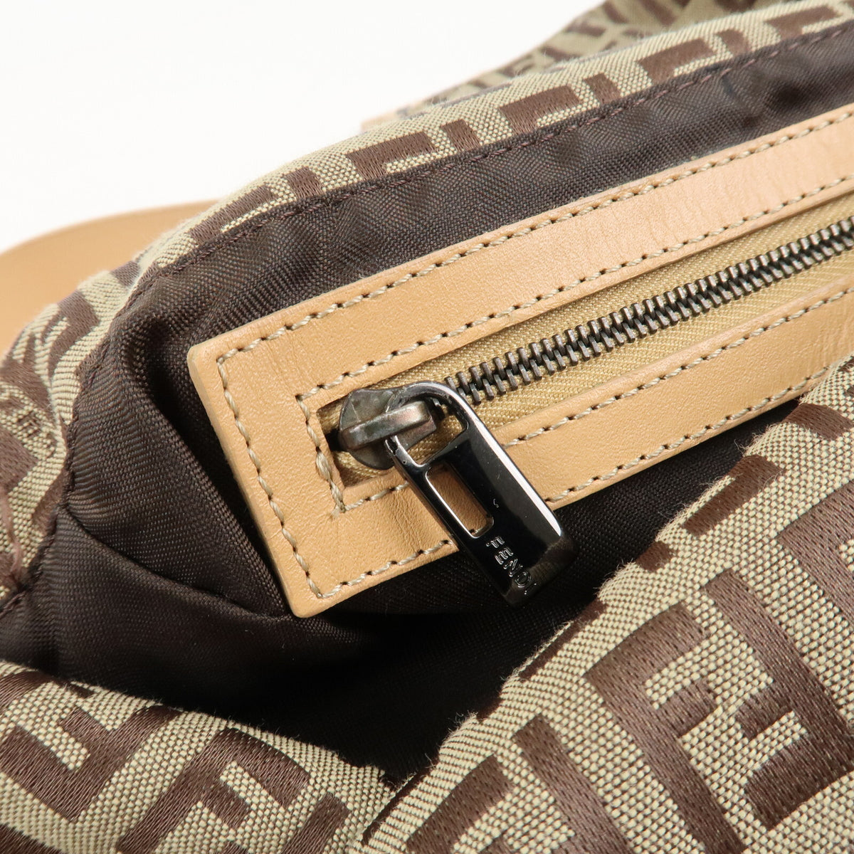 FENDI Zucchino Canvas Womens Shoulder Bag Beige Leather 8BR003 Preowned Auth18