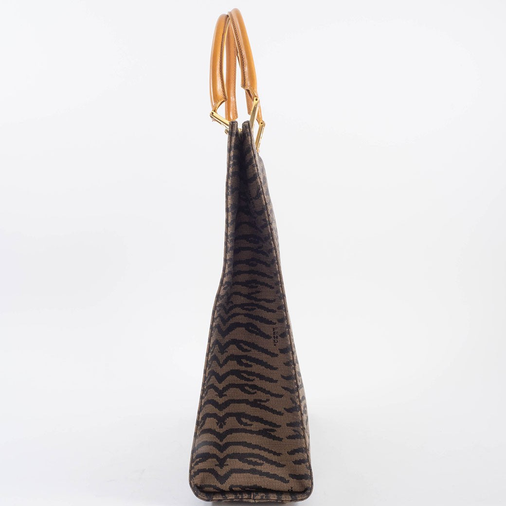 FENDI Zebra Print Tote Bag Canvas Leather Animal Pattern Brown Preowned Auth4