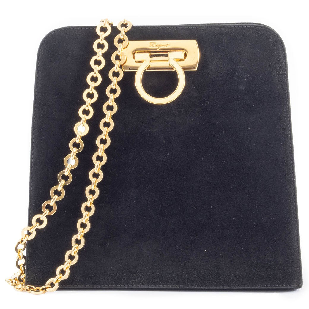 Salvatore Ferragamo Chain Shoulder Bag Suede Gancini Black P21 5241 Reuse Used0