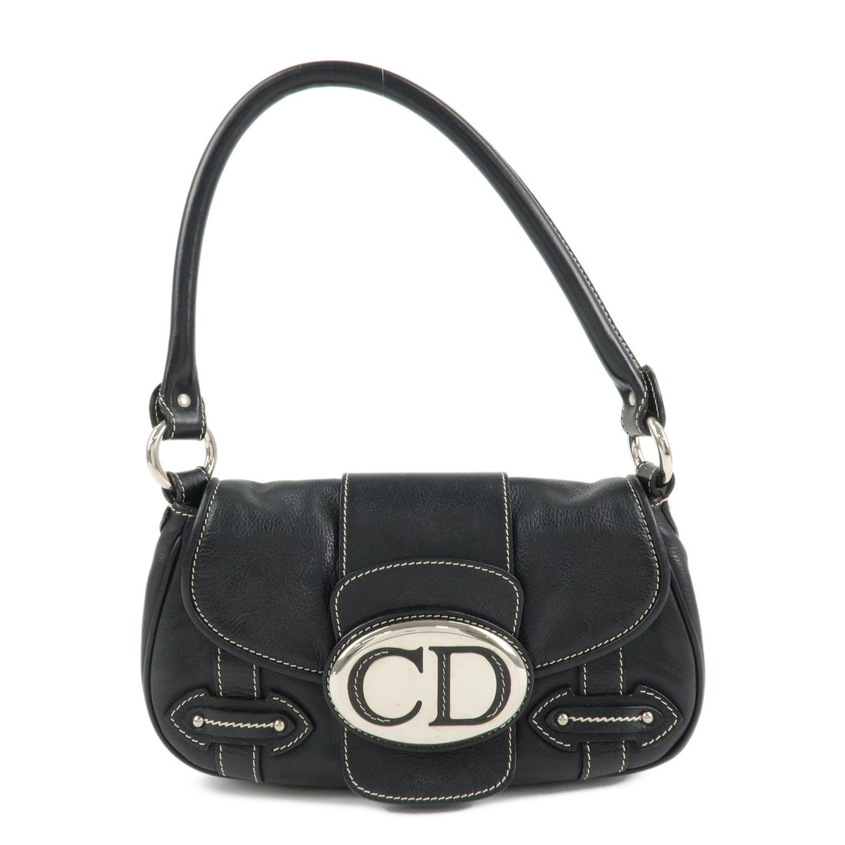 Christian Dior CD Logo Shoulder Bag Black Leather Womens Handbag Preowned Auth0