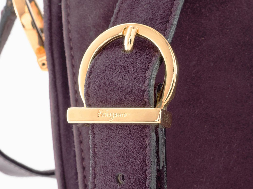 Salvatore Ferragamo Gancini Logo Crossbody Shoulder Bag Suede Purple Preowned13