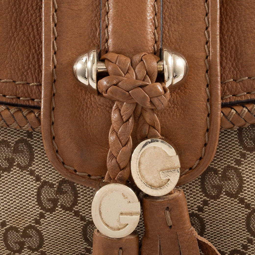 GUCCI Marrakech Hobo Bag GG Canvas Leather Tassel Beige Brown 257021 Preowned8