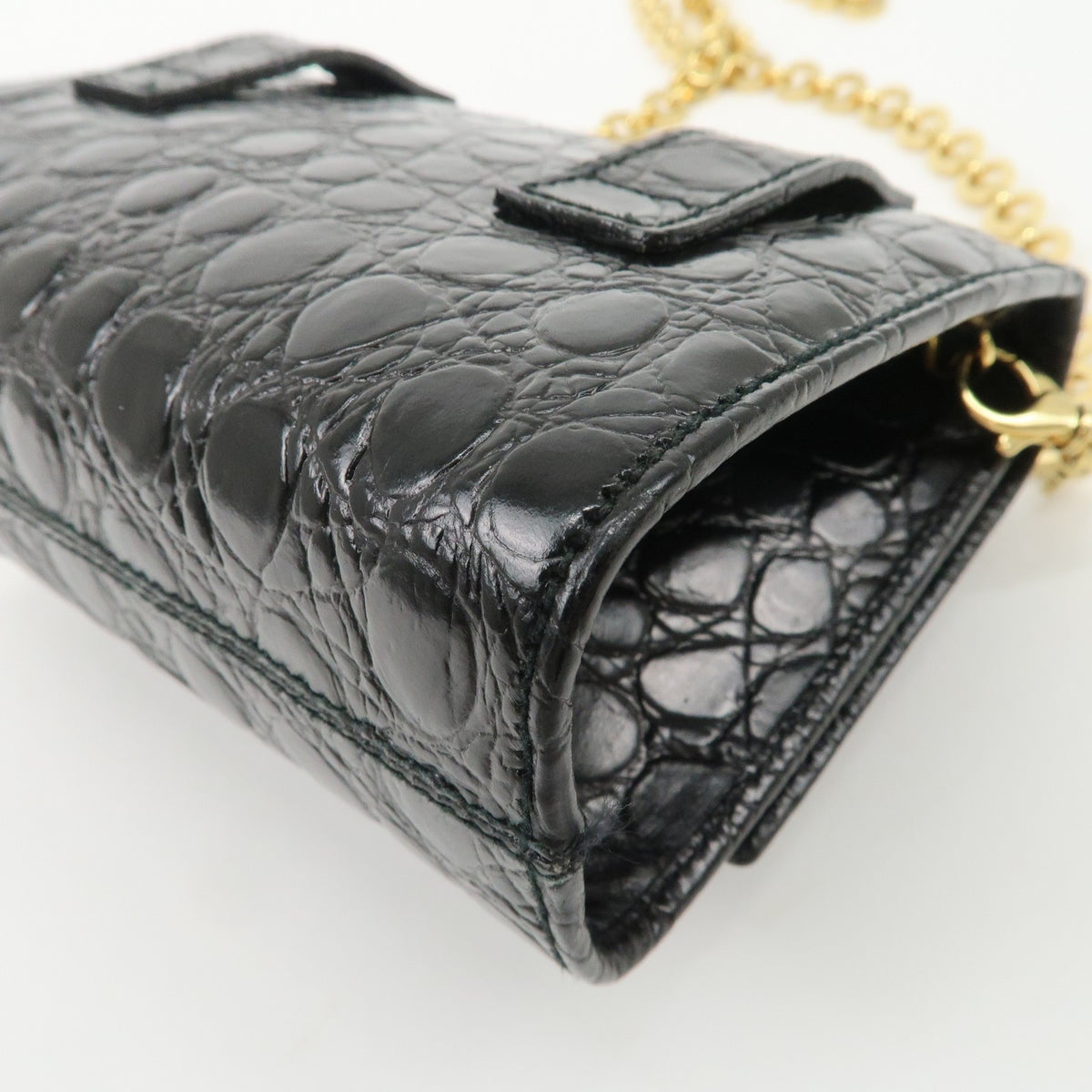 FERRAGAMO Vara Ribbon Chain Shoulder Bag Mini Black Leather Preowned Auth13