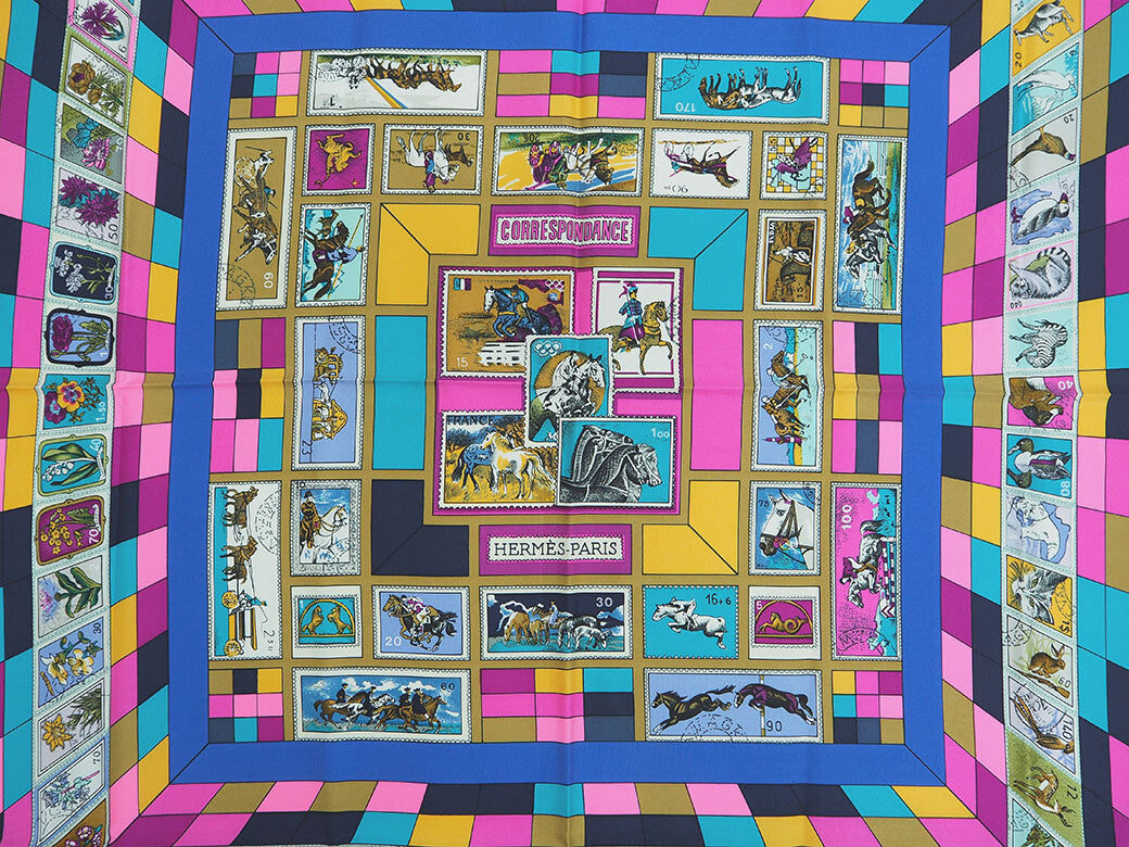 HERMES Carre 90 Scarf CORRESPONDANCE Blue Silk Stamps Latham Preowned Auth1