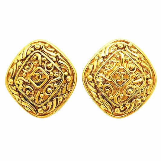 CHANEL Vintage Rhombus Arabesque Coco Earrings Gold Small Ladies Reuse Used0