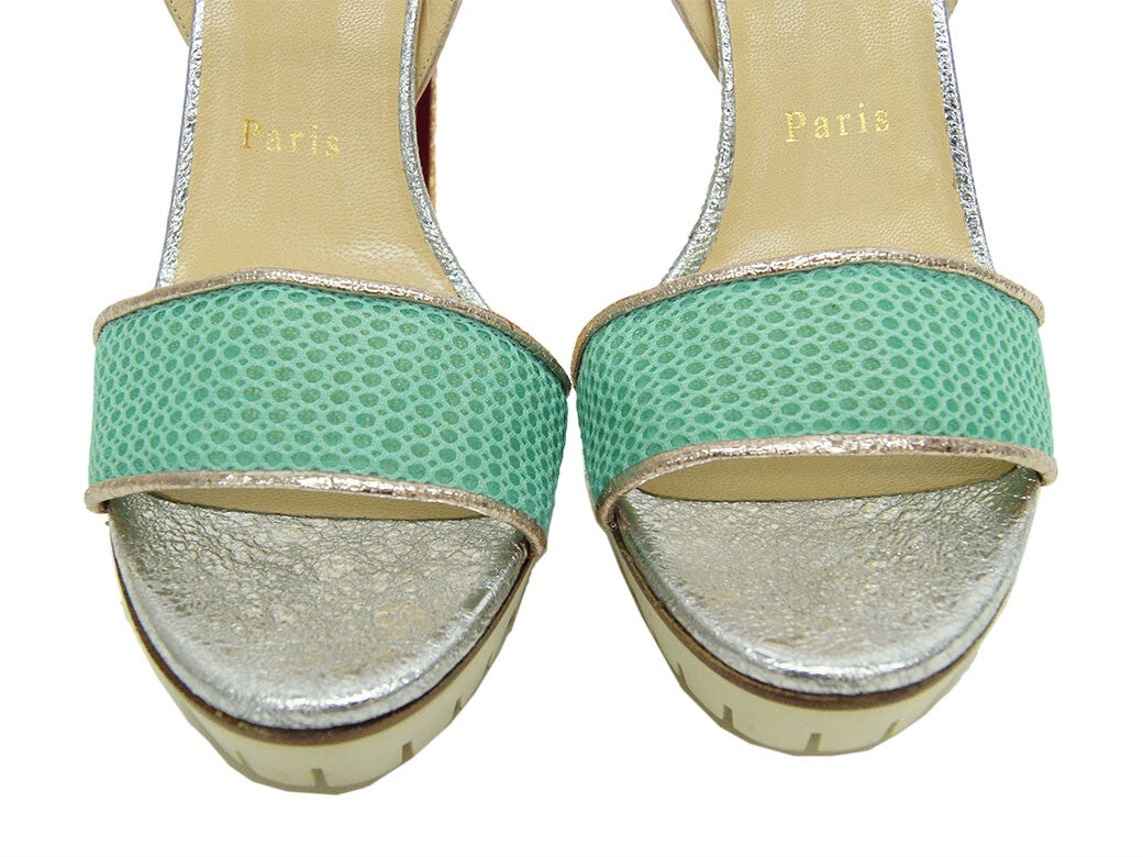 Christian Louboutin Platform Sandals Silver Green Women's 37.5 Reuse Used Preow4