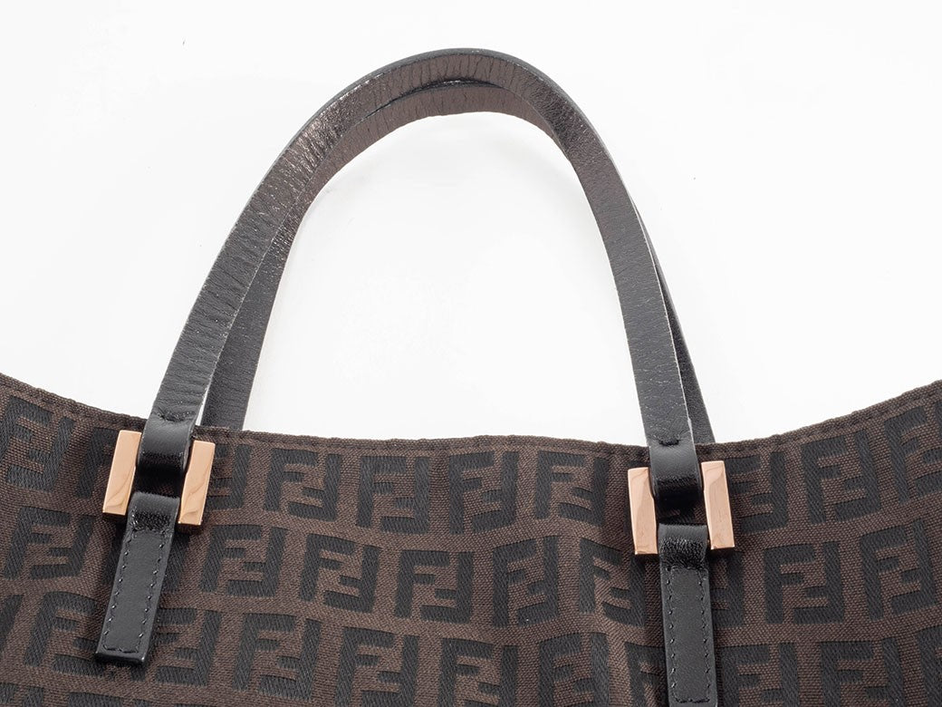 FENDI Zucchino Brown Canvas Leather Handbag Zucca Monogram Tote Bag Preowned9
