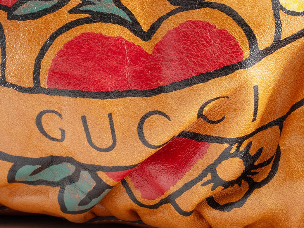 GUCCI Hysteria Floral Paint Brown Leather Handbag Flower Logo Preowned Auth15