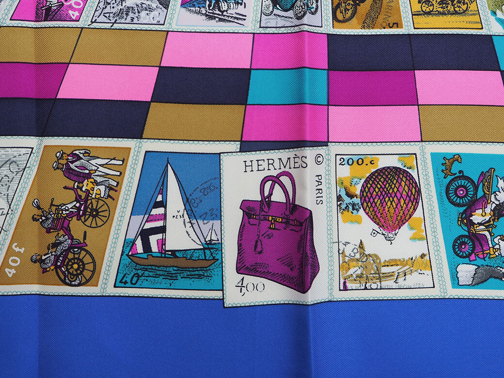 HERMES Carre 90 Scarf CORRESPONDANCE Blue Silk Stamps Latham Preowned Auth3