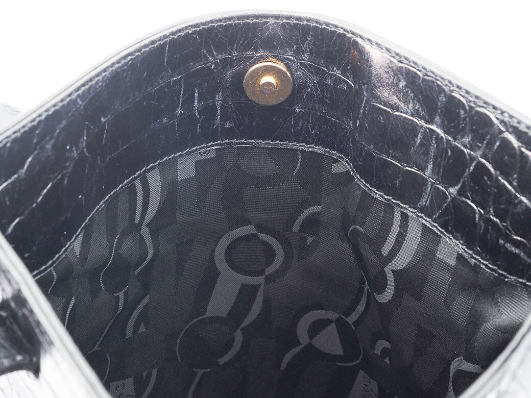 Salvatore Ferragamo Embossed Black Leather Shoulder Tote Bag Preowned Auth9