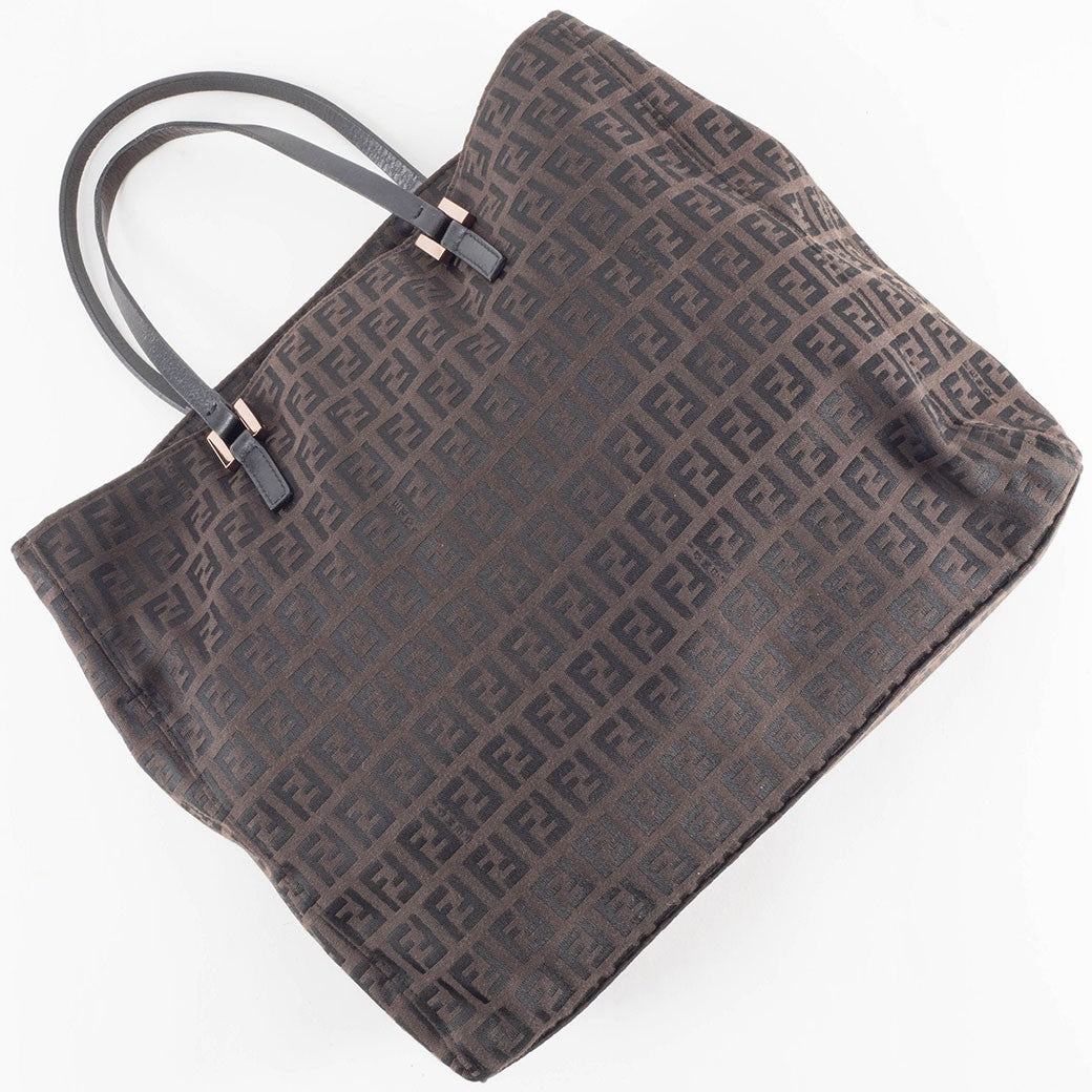 FENDI Zucchino Brown Canvas Leather Handbag Zucca Monogram Tote Bag Preowned8
