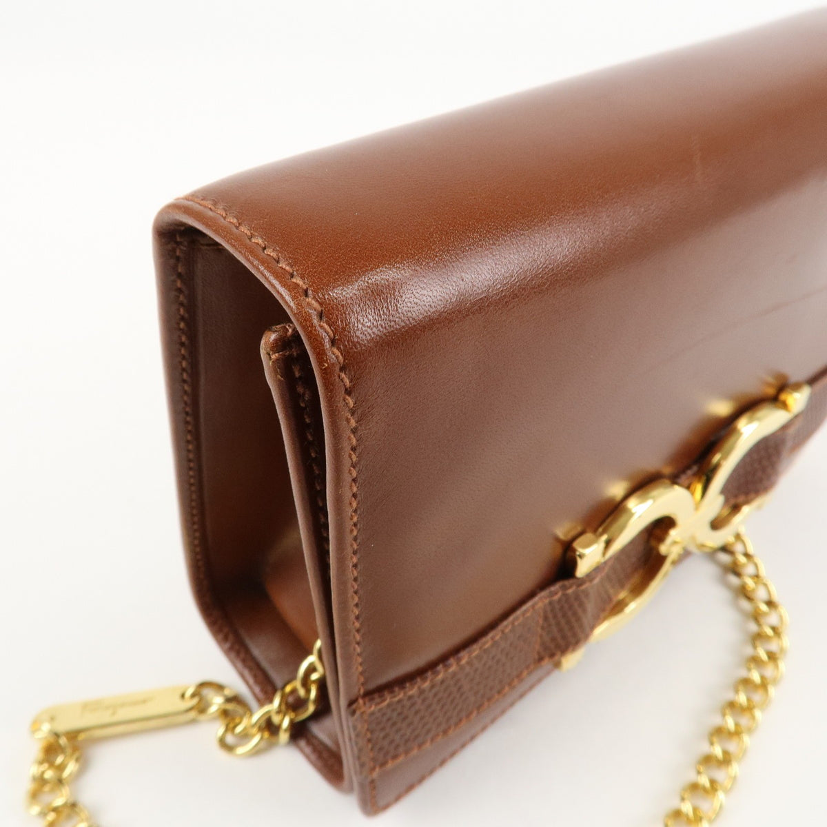 Ferragamo Gancini Leather Chain Shoulder Bag Brown Gold HDW Authentic Used F/S17