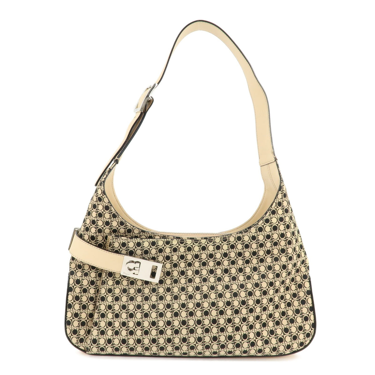 Ferragamo Gancini Hobo Shoulder Bag Canvas Leather Beige Black Preowned Auth0