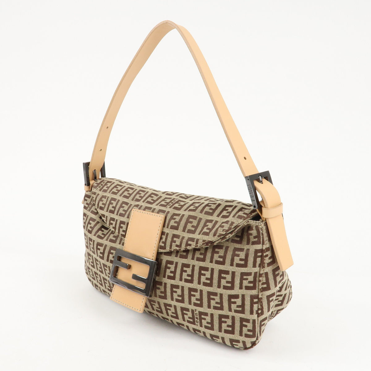 FENDI Zucchino Canvas Womens Shoulder Bag Beige Leather 8BR003 Preowned Auth2