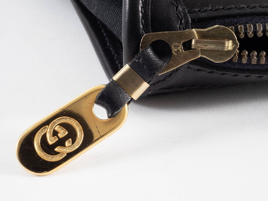 GUCCI Old Gucci GG Canvas Leather Handbag Black Vintage Tote Bag Preowned Auth13