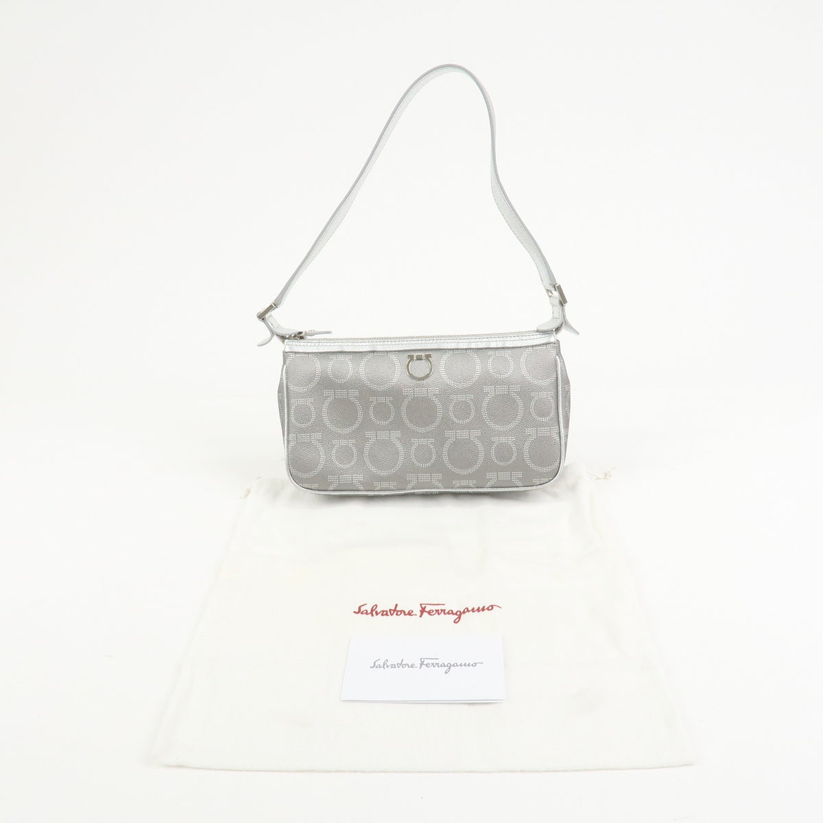 Ferragamo Gancini Logo Leather Shoulder Bag Hand Bag Silver Authentic Used F/S23