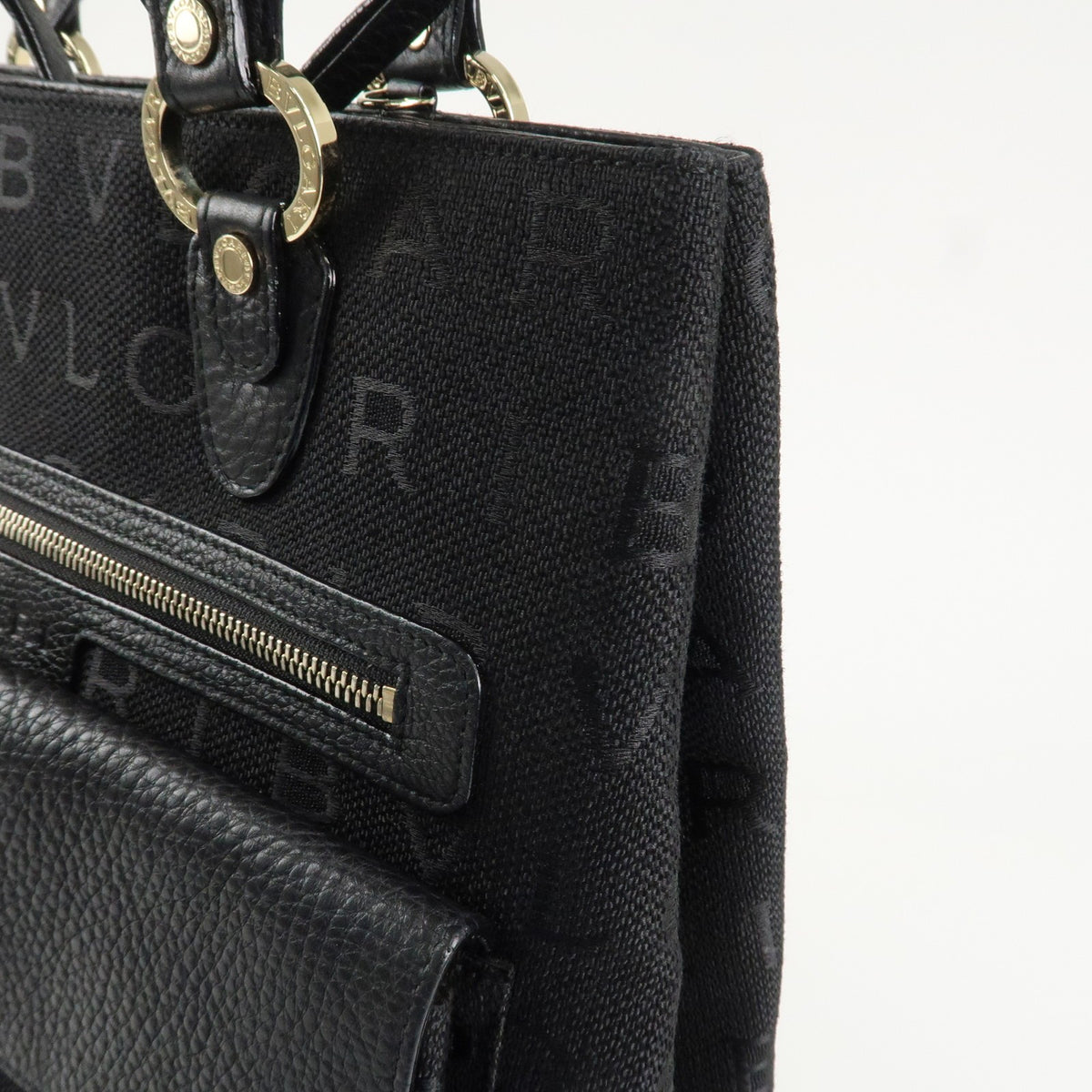 BVLGARI Logo Mania Canvas Leather Tote Bag Black Gold Hardware Auth Used F/S11