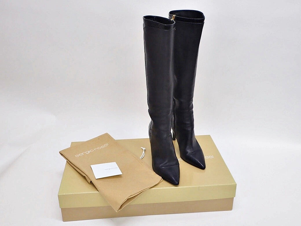 Sergio Rossi Black aU8262.002 Women's Leather Long Boots 38 Preowned Reuse Used11