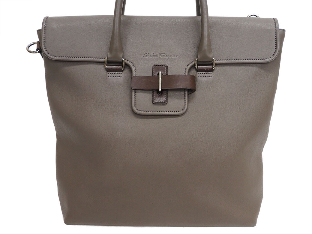 Ferragamo Large Leather Tote Bag Greige Belt Flap Shoulder Bag Preowned Auth1