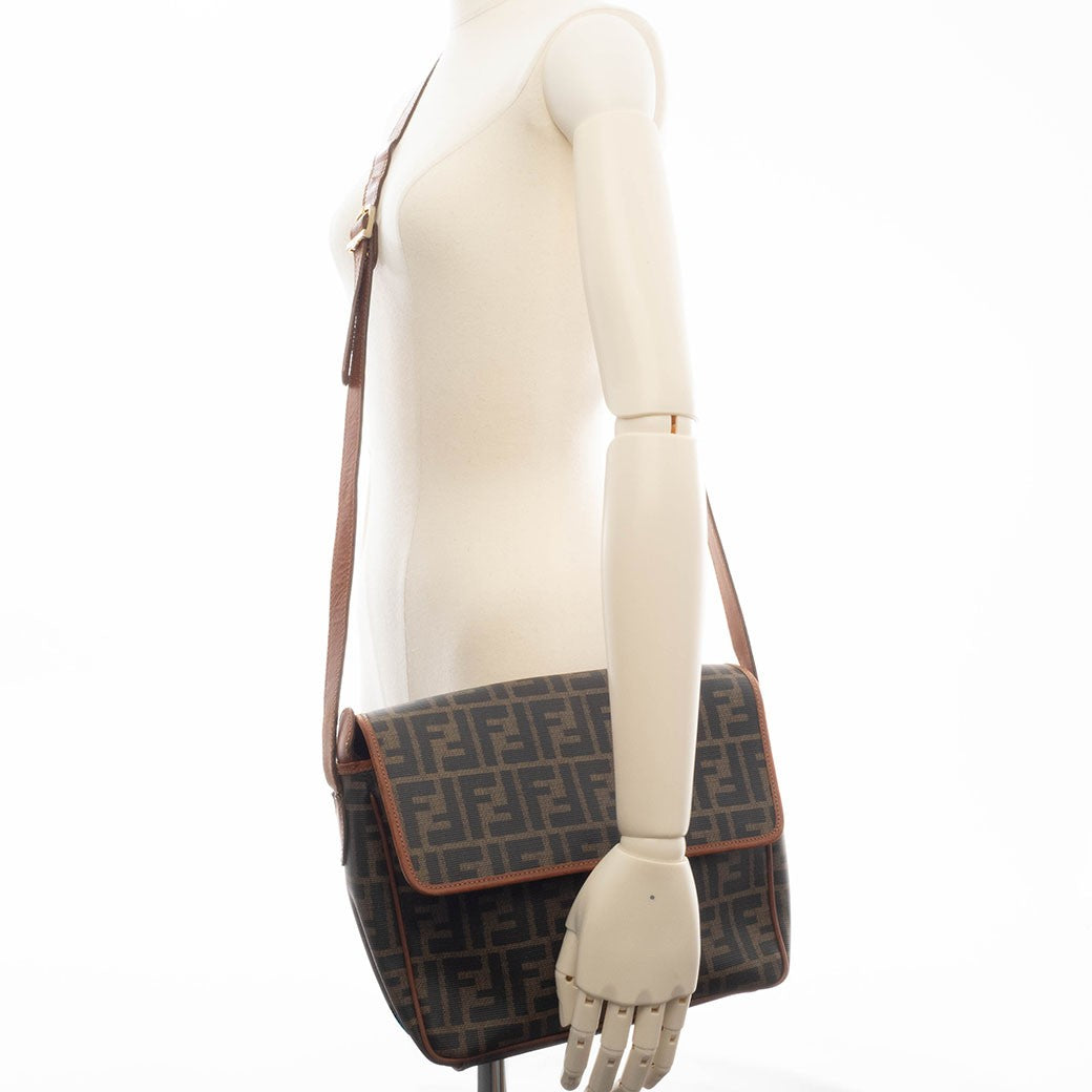 FENDI Zucca PVC Leather Crossbody Shoulder Bag FF Logo Flap Brown Preowned Auth19