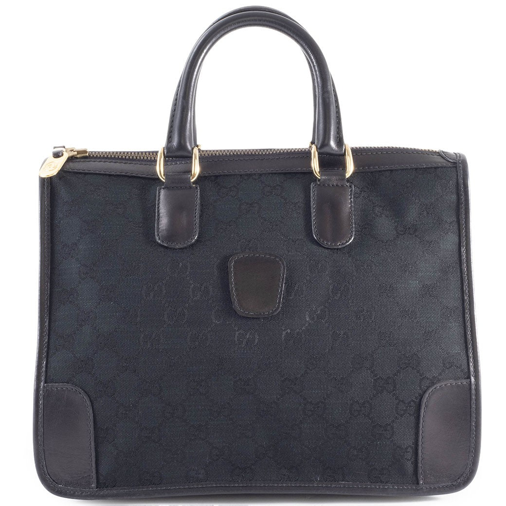 GUCCI Old Gucci GG Canvas Leather Handbag Black Vintage Tote Bag Preowned Auth0