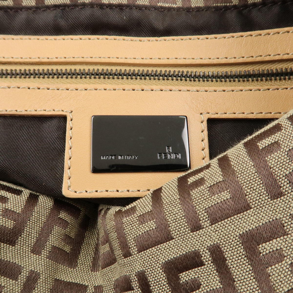 FENDI Zucchino Canvas Womens Shoulder Bag Beige Leather 8BR003 Preowned Auth19