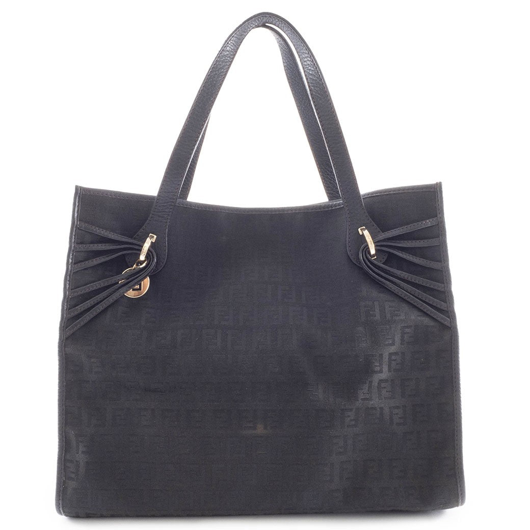 FENDI Zucchino Black Canvas Leather Shoulder Tote Bag 8BH153 Preowned Auth0
