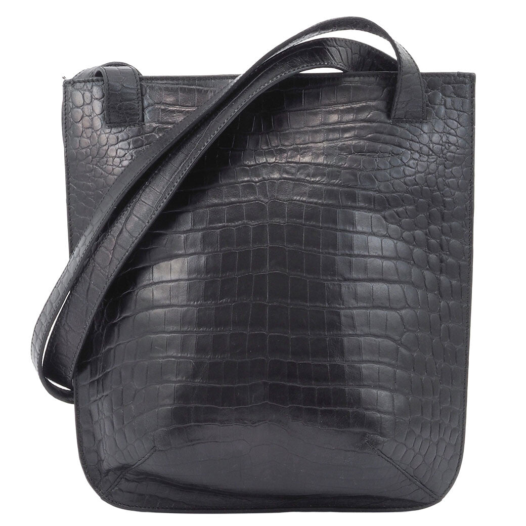 Salvatore Ferragamo Embossed Black Leather Shoulder Tote Bag Preowned Auth0