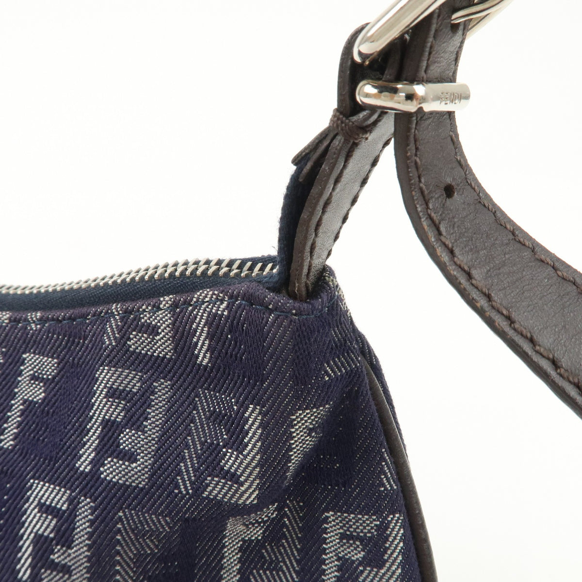 FENDI Zucchino Navy Blue Canvas Leather Hobo Shoulder Bag Slim Preowned Auth13
