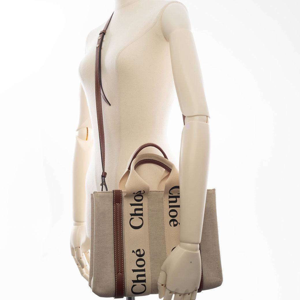 Chloe Woody Small Convertible Handbag Crossbody Bag Linen Brown White Preowned14