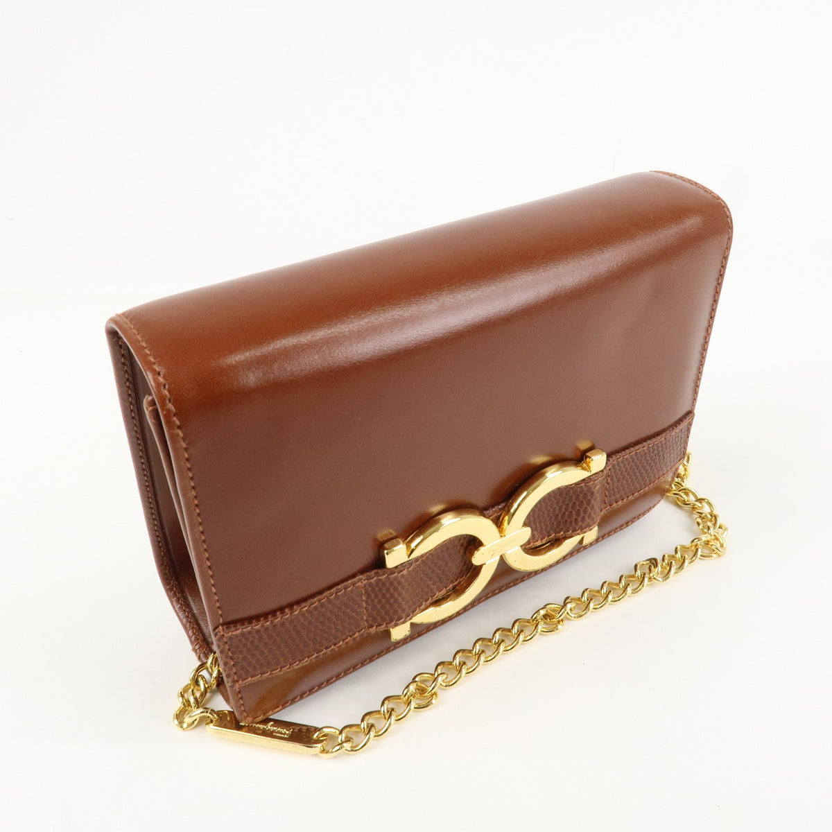 Ferragamo Gancini Leather Chain Shoulder Bag Brown Gold HDW Authentic Used F/S3