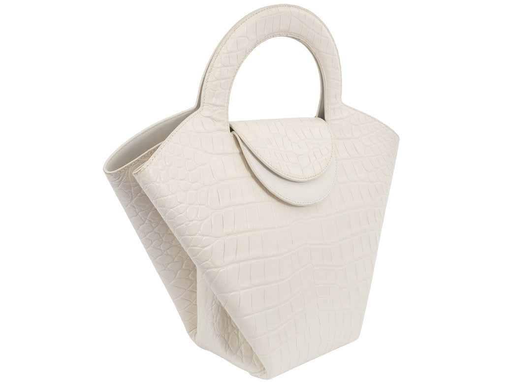 BOTTEGA VENETA Doll Handbag Crocodile Embossed Leather White Preowned Auth2