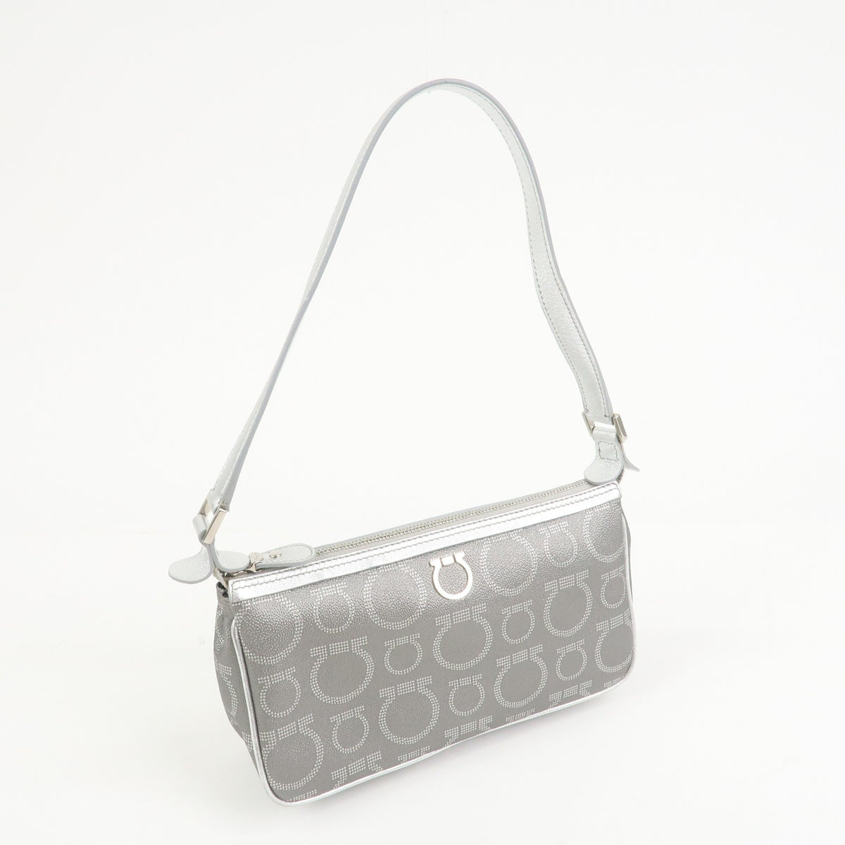 Ferragamo Gancini Logo Leather Shoulder Bag Hand Bag Silver Authentic Used F/S3