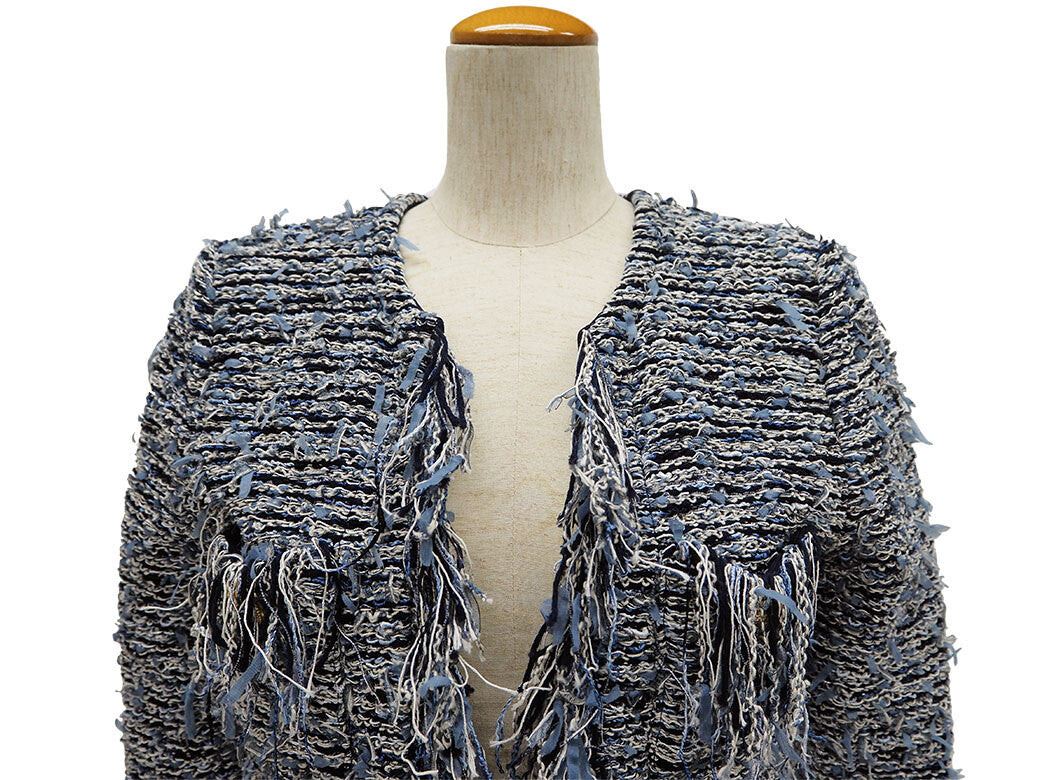 BALMAIN Tweed Fringe Jacket Navy Women's Collarless Cropped Gold Buttons 363
