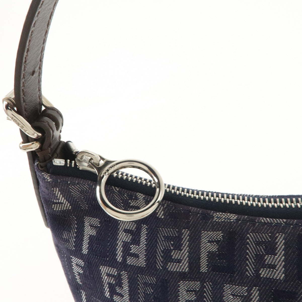 FENDI Zucchino Navy Blue Canvas Leather Hobo Shoulder Bag Slim Preowned Auth15
